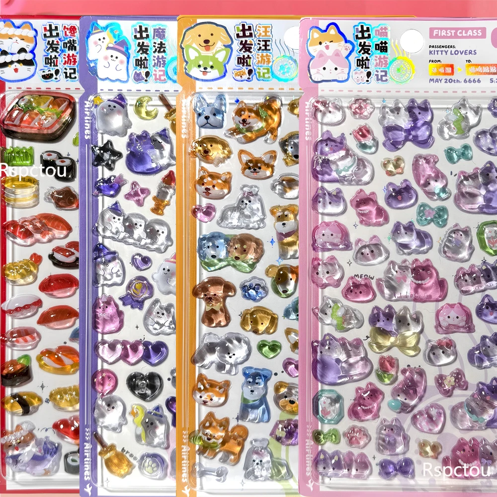 4pcs Kawaii 3D Relief Stickers Cartoon Food Sushi Animals Crystal Decals DIY Diary Stationery Cute Decoration Sticker Toys