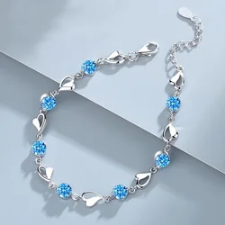 925 Sterling Silver Heart Shaped Bracelet For Women Retro Korean Versatile Blue Crystal Charm Bracelets Original Party Jewelry