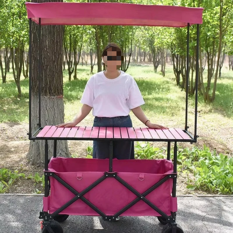 Foldable four-wheel outdoor camping cart with height-adjustable table, awning, can be used for shopping, storage
