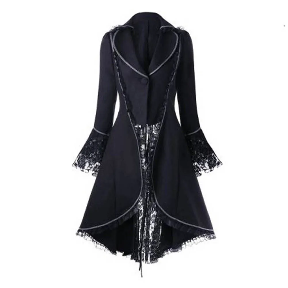 Women Lace Trim Lace-up High Low Coat Black Steampunk Victorian Style Gothic Jacket Medieval Noble Court Dress Plus Size S-5XL