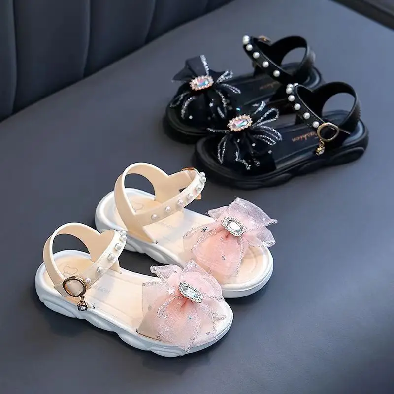 Children\'s Sandals Summer Princess Lace Bow 2024 New Girls High Heels Little Girls Soft Sole Sandals Black Pink