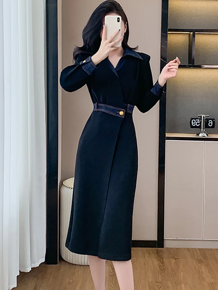 Spring Autumn Black Single Breasted Trench Women Korean Vintage Elegant Long Dress 2025 New Fashion Bodycon Party Evening Dress