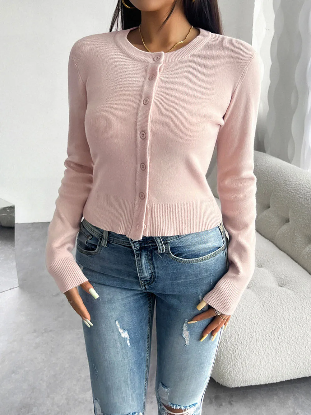 

2024 autumn/winter new top, women's temperament, slim fit cardigan, single breasted long sleeved sweater