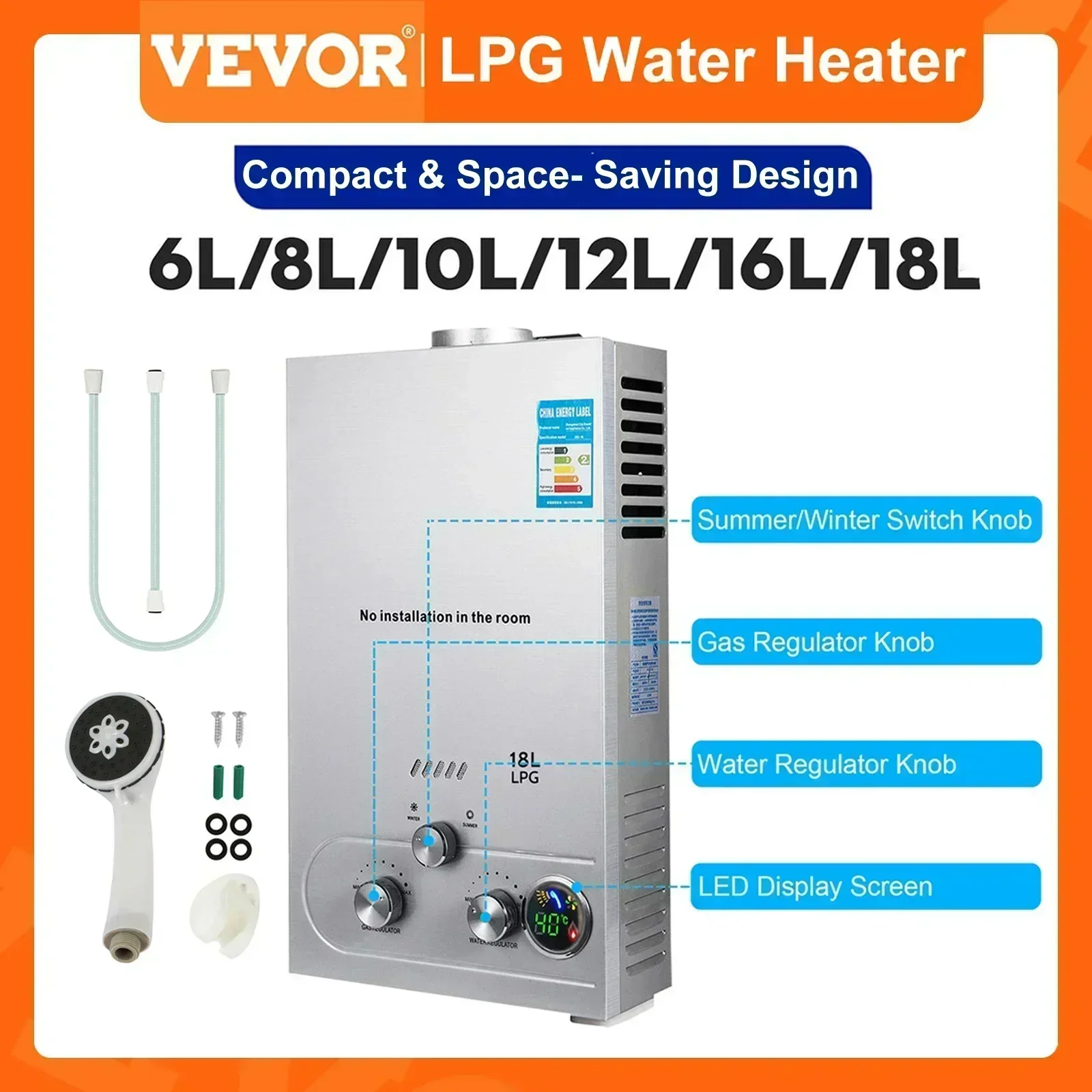 Chauffe-eau sans réservoir au propane VEVOR 6L-18L, chauffage instantané pour salle de bain, chauffe-eau extérieur, chaudière pour camping-car