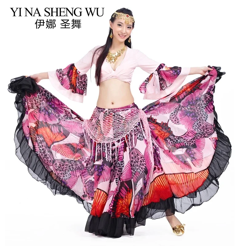 1pc 部族ベリーダンスパフォーマンスジプシースカート蝶全円フラメンコスカート女性ベリーダンススカートシフォン 360 度