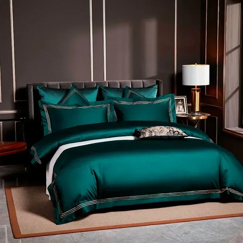 

Embroidered Deep Green Blue Duvet Cover Premium Soft Egyptian Cotton Bedding set Double Queen King 4/6Pcs Bed Sheet Pillowcases