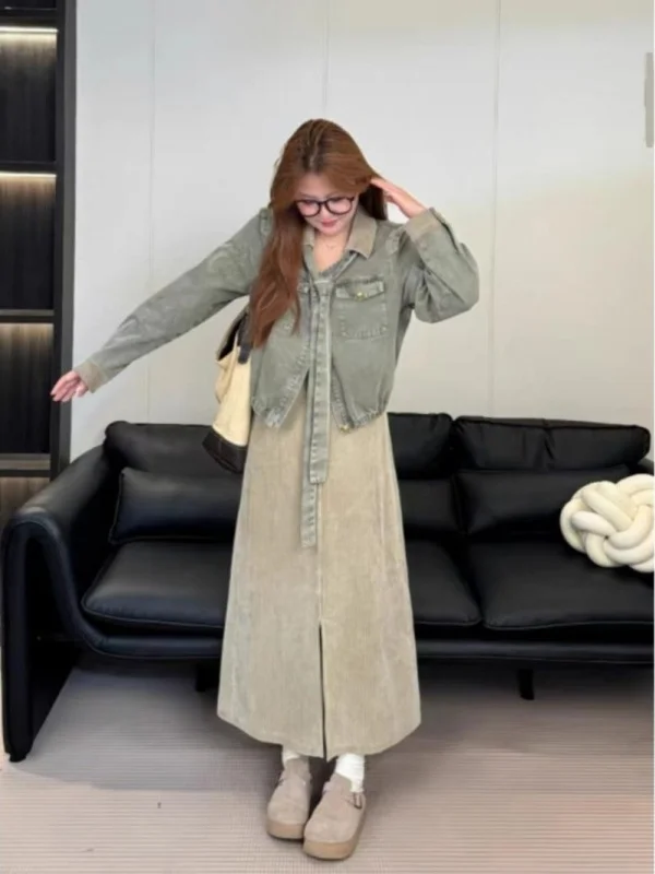 

plus Size Retro Hong Kong Sle Denim Jaet And High Waist Skirt Two Piece Set Spring Faion Outerwear for Women