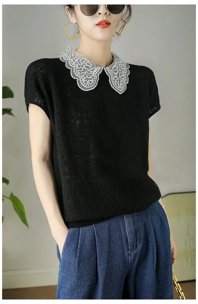 2026 Summer Women's Jacquard Cut-out Knit T-shirt Luxurious Sequined Peter Pan Collar Tee Office Lady Elegant Breathable Shirt