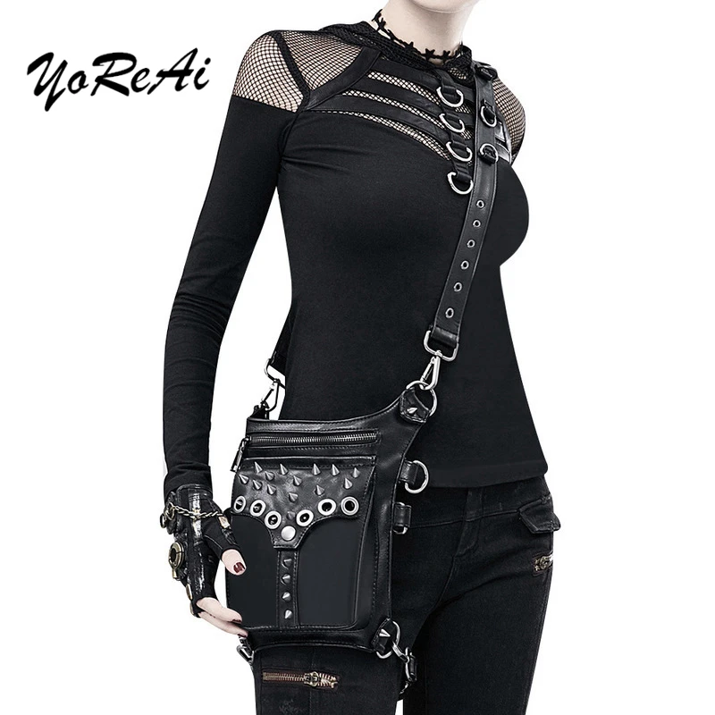 Moto Women Steampunk Vintage Fanny Beach Bag Rivet Man Steam Punk Retro Rock Gothic Waist Pack Thigh Leg Bag Shoulder Packs