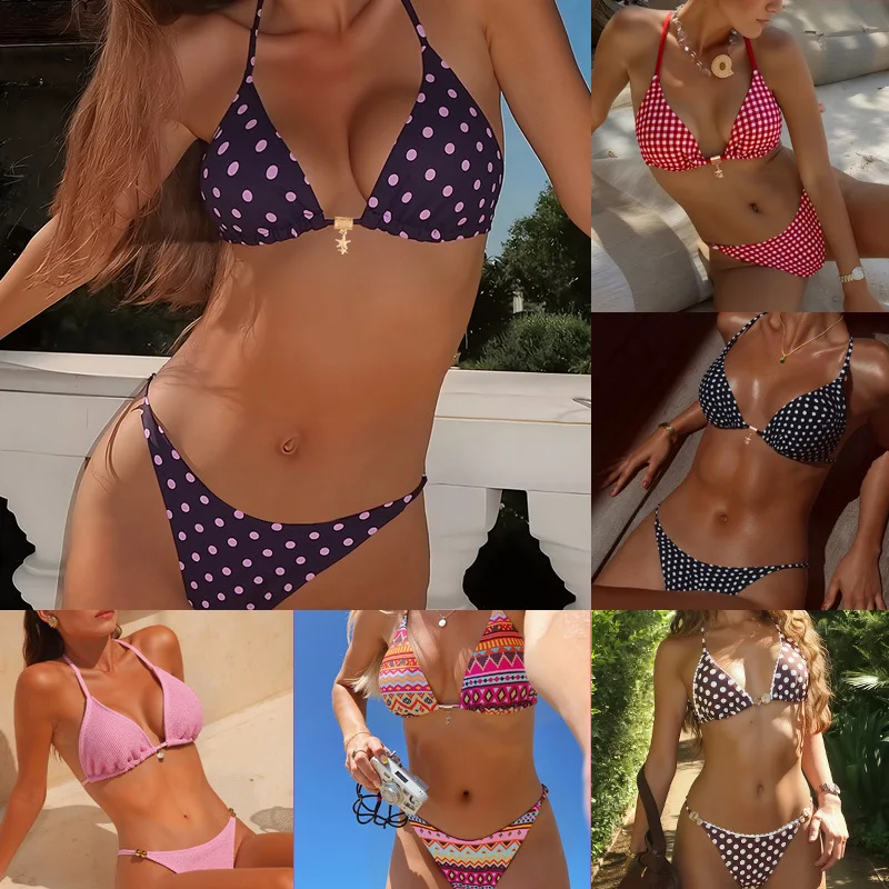 

2026New Sexy Girl Printed Pendant Pastoral Style Triangle Cup Bikini Set Swimsuit for Women