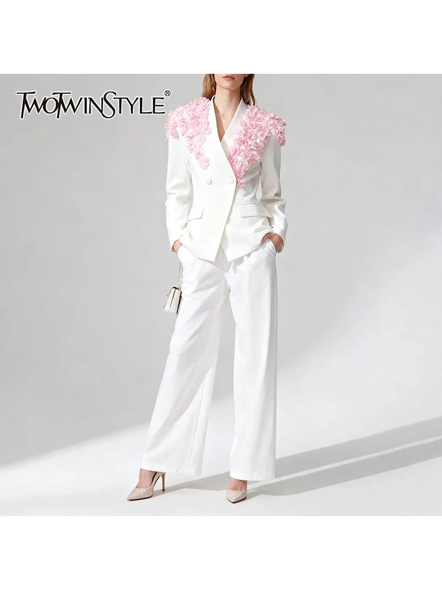 

TWOTWINSTYLE Elegant Two Piece Sets for Women V Neck Long Sleeves Tunic Spliced 3D Flower Blazer Wide Leg Pant Set Female New