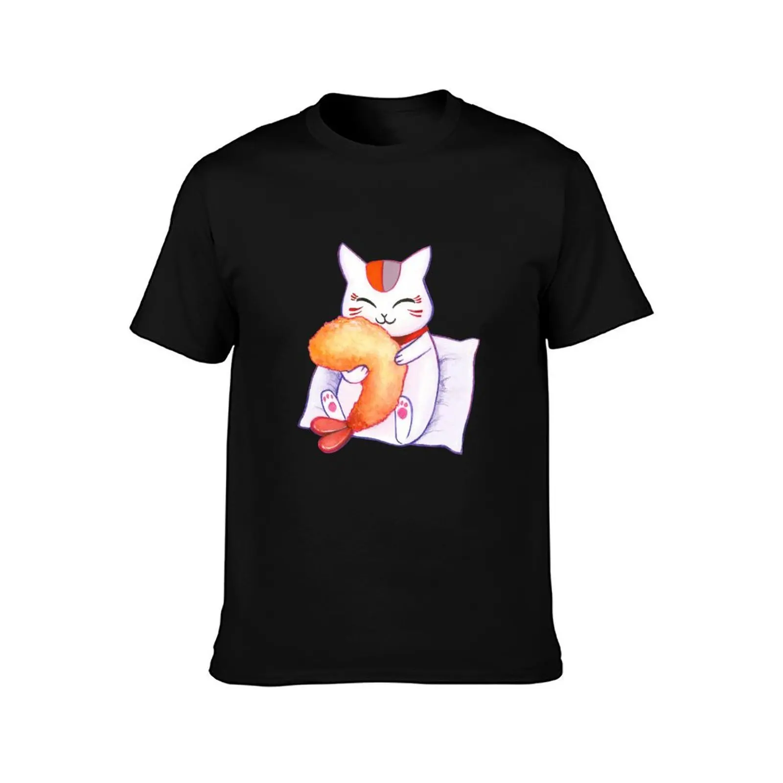 Nyanko Sensei with tempura prawn T-Shirt Long Lasting Casual T-Shirt