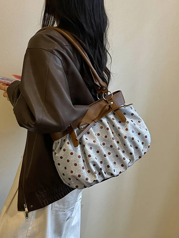 Vintage Color Blocked Polka Dot Shoulder Bag Women Fashion Exquisite Bowknot Pleated Underarm Bags Chic Large Capacity Handbags
