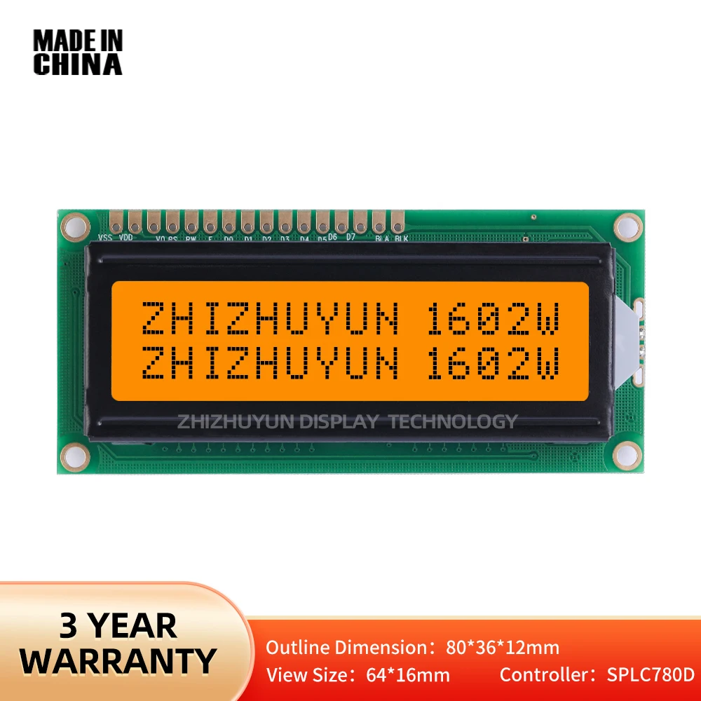 1602W Character Dot Matrix Screen Orange Light Black Characters Multiple Word Libraries Full View Wide Temperature LCD Screen