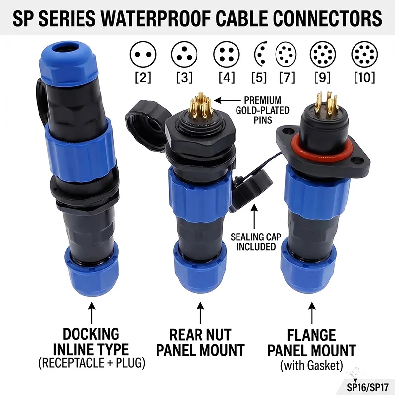 SP16 SP17 IP68 Waterproof Connector 2pin 3pin 4pin 5pin 7pin 9pin 10pin Rear Nut Flange Docking Aviation Plug Socket Circular