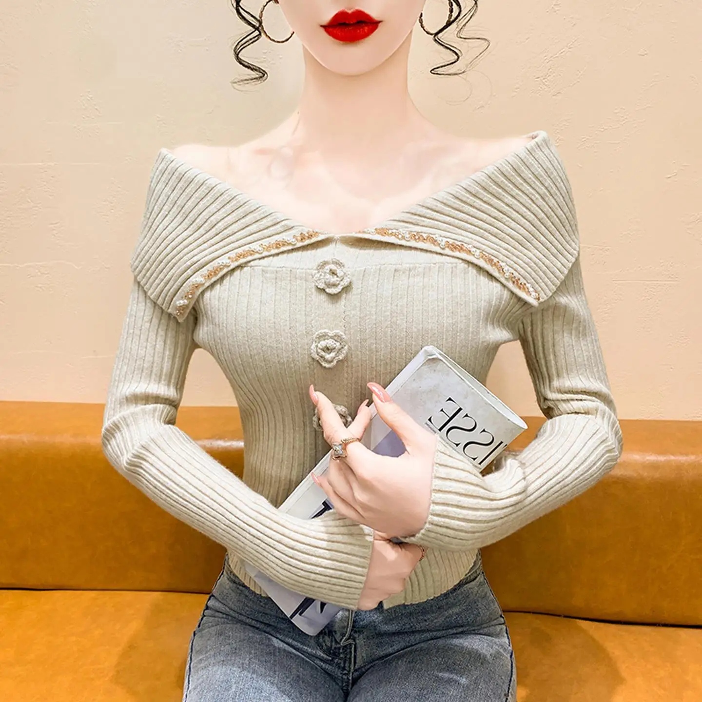 

Oaeal Colored Heavy Embellied Flower Knit Sweater Women's Slim Fit Inner Wear Top for Autumn Winter New Sle