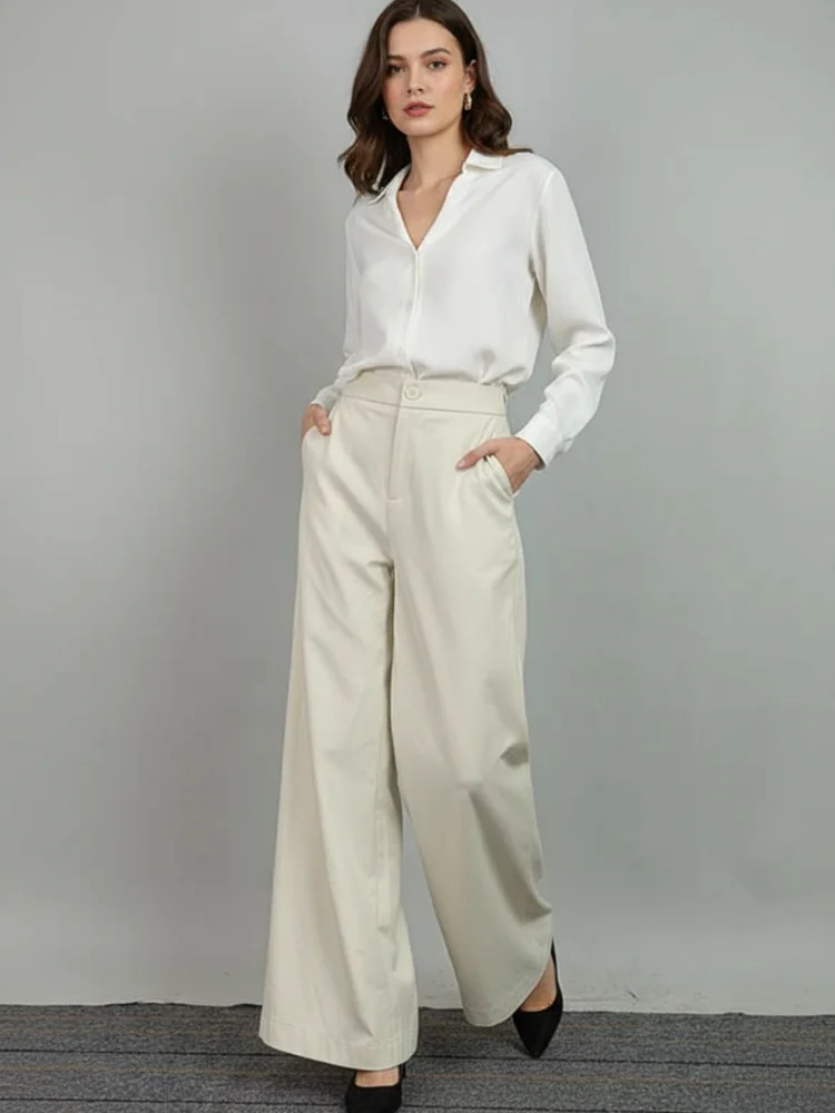 

Missuoo 2025 New Women's Simple Casual Pants Elastic High Waist Wide Leg Palazzo Trousers Cotton-Blended Commuter Bottoms