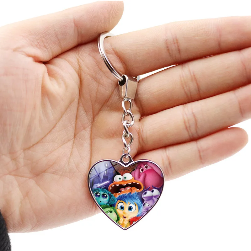 Disney Inside Out 2 Keychain Heart Shape Glass Dome Cabochon Keychain Bag Pendant Jewelry Accessories Kids Christmas Gift