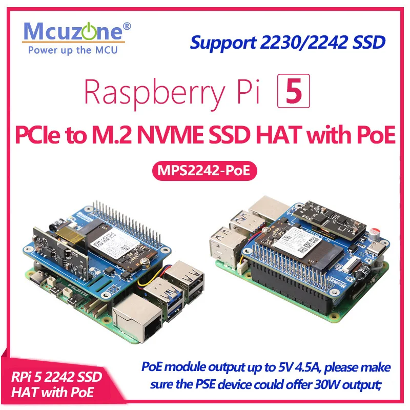 

MPS2242-POE,RPi 5 PCIE to NVME SSD 2242 HAT with POE power, 5V4.5A power supply,support 2242,2230