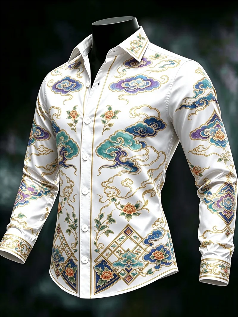 New light blue gradient Christmas men's long sleeved shirt reindeer snowflake red haig collar holiday print shirt