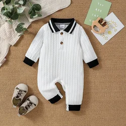 Baby Boys Autumn Solid WhiteTurn-down Collar Casual Daily Jumpsuit With Button For Newborn-18M Clothing Wear