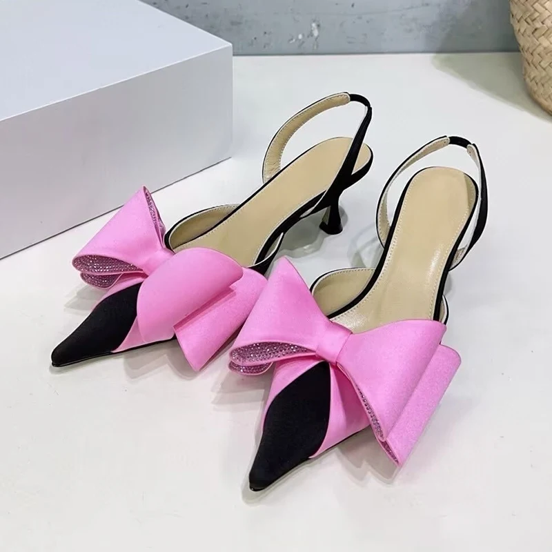 Pumps Women Pointed Toe Silk Satin Kitten Heels Sandals Butterfly-knot Rhinestone Decor Sexy Sandalias Summer Party Dress Shoes