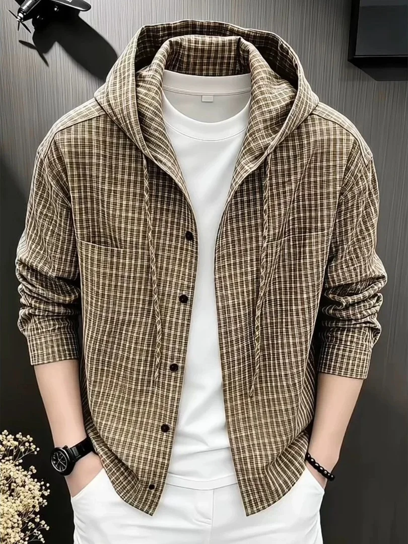 Retro Casual Men's Shirt Stylish Checkered Hooded Shirt Spring Autumn New Style Versatile Slim Fit Long Sleeve Polyester Fiber