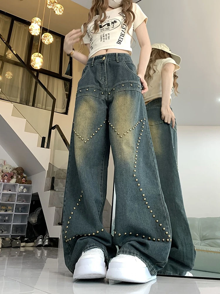 Frauen High Street Gewaschene Baggy Gerade Hosen American Vintage Chic Hohe Taille Y2K Niet Design Breite Bein Denim Hosen