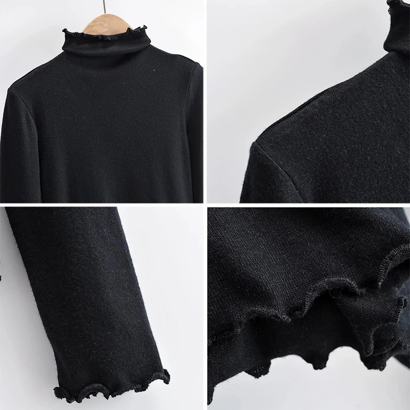 Women Fall Ruffles Turtleneck Sweater Tops Casual Long Sleeved Slim Basic Pullover Office Solid Bottom Shirt Winter Warm Jumper