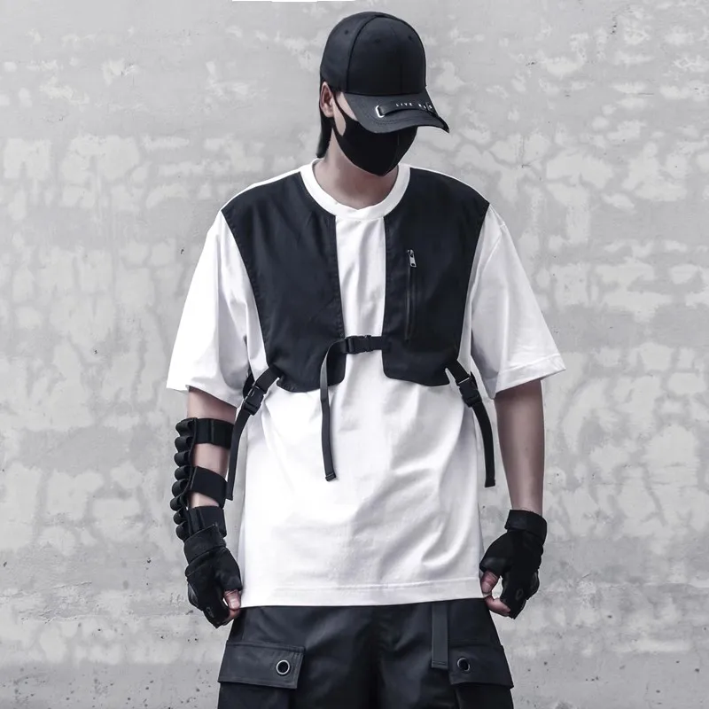 Techwear-男性用タクティカルパッチワークTシャツ,機能的な夏のストリートウェア,原宿,黒のTシャツ2023