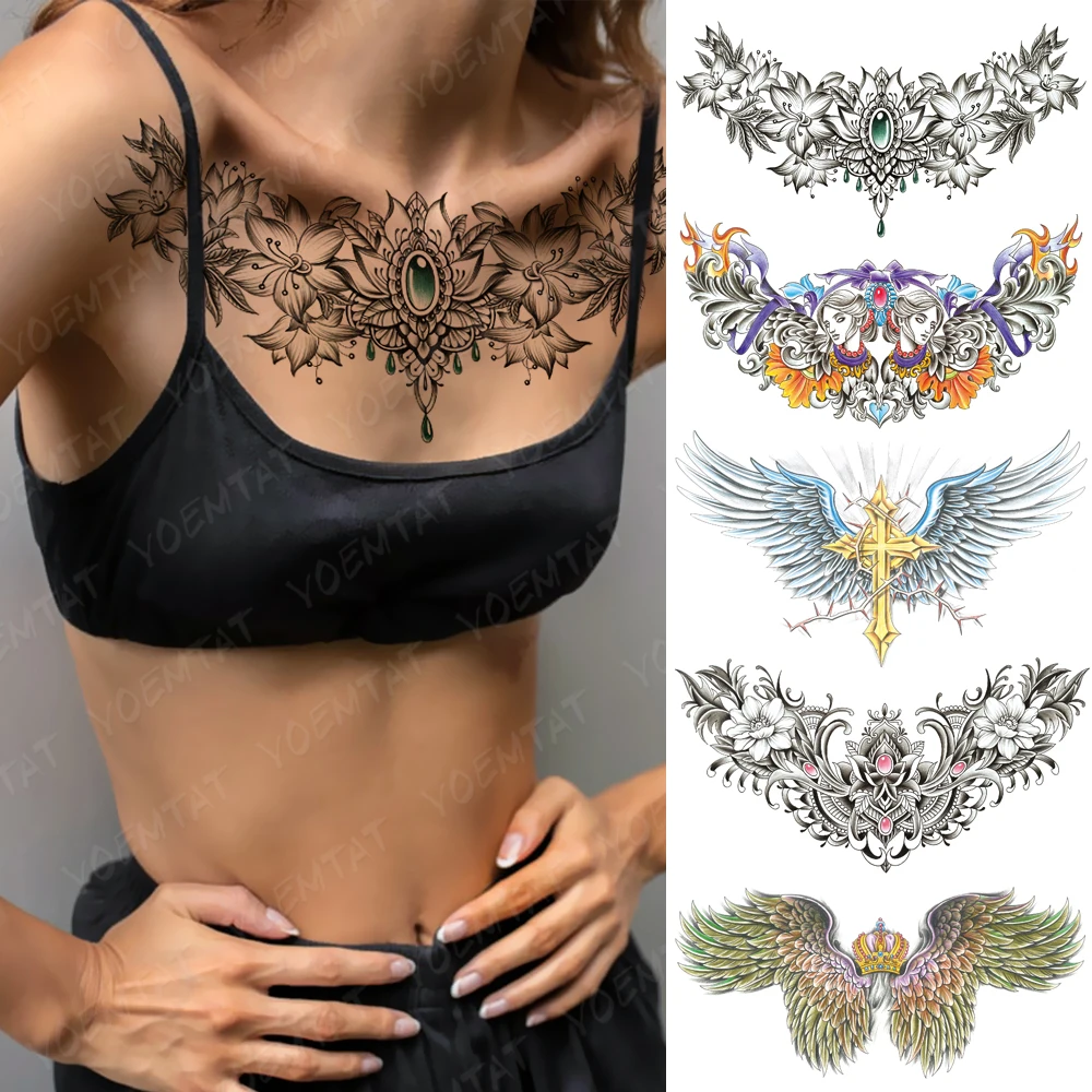 

Sexy Color Large Chest Tattoo For Women Henna Gems Lotus Flowers Waterproof Temporary Tatoo Sticker Waist Art Men 3D Fake Tattoo