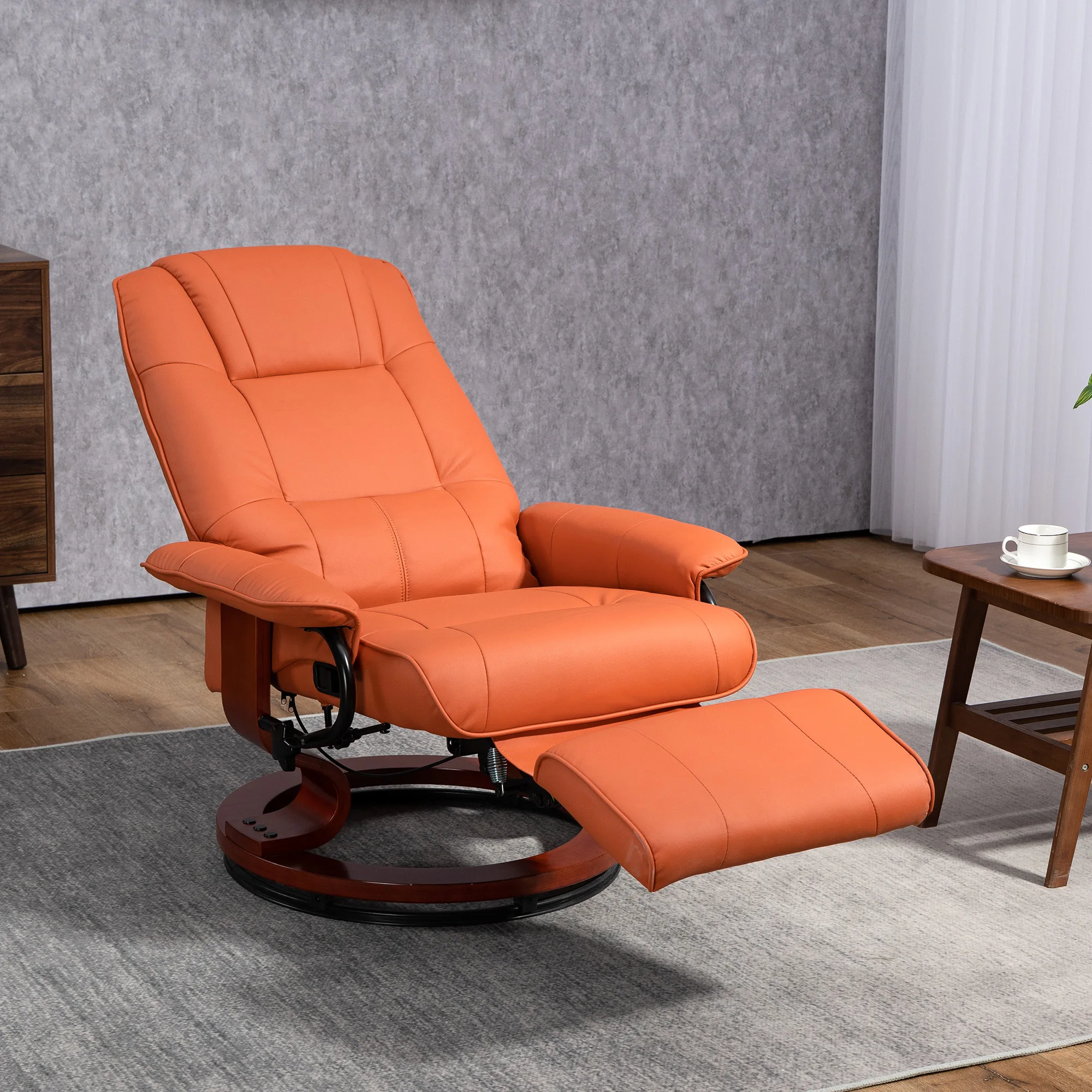 HOMCOM Swivel Recliner Chair, Air Leather Reclining Armchair with Retractable Footrest, Wood Base and Adjustable High Back for Small Spaces, Living Room, RV, Bedroom, Orange