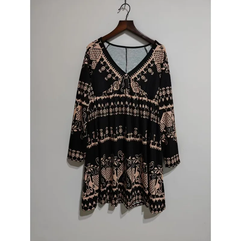 New Women's Autumn Short Skirt Loose V-neck Full Body Printed Fashion Dress Pullover Long Sleeve Dress Summer Bodycon Dress