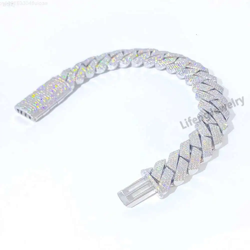 

New Design White Solid Silver 925 Hip Hop Iced Out Cuban Link Bracelet 15mm with Moissanite Diamond Pass Diamond Teste