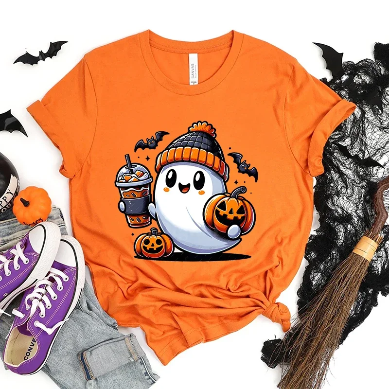 女性用サマーTシャツ、カボチャとゴーストのデザインのカジュアルトップ、ハロウィーンやギフトに最適