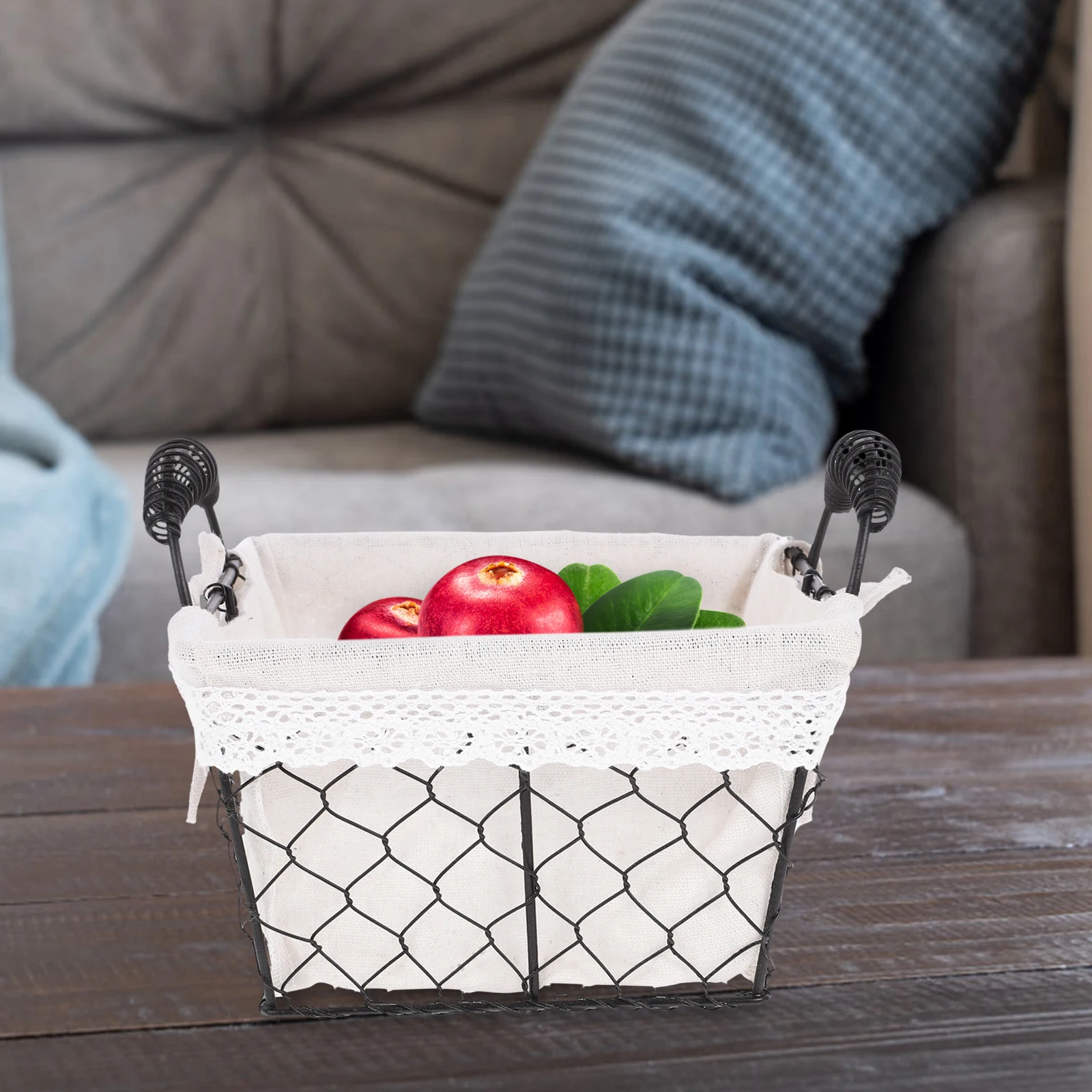 

H held Iron Wire Fruit Basket Cotton Lining for Bread Eggs Storage Farmhouse Style Home ganization Multi Function Small Metal