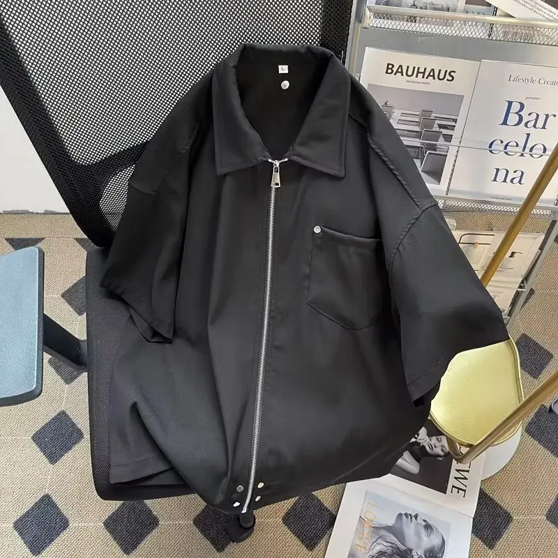 

Мужская летняя повседневная универсальная футболка свободного кроя в стиле ретро с молнией, трендовая, для молодежи