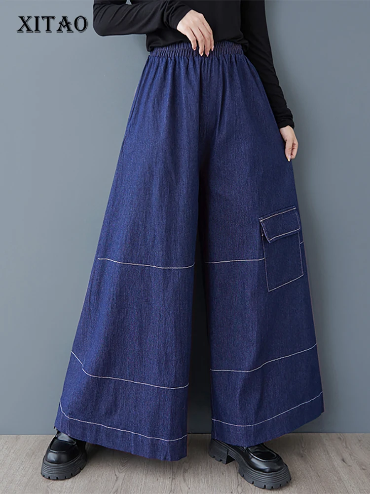 

XITAO Wide Leg Pocket Women Pant Solid Color Casual Ankle-length Elastic Waist Fashion Trend Autumn Female Trousers GMM1221