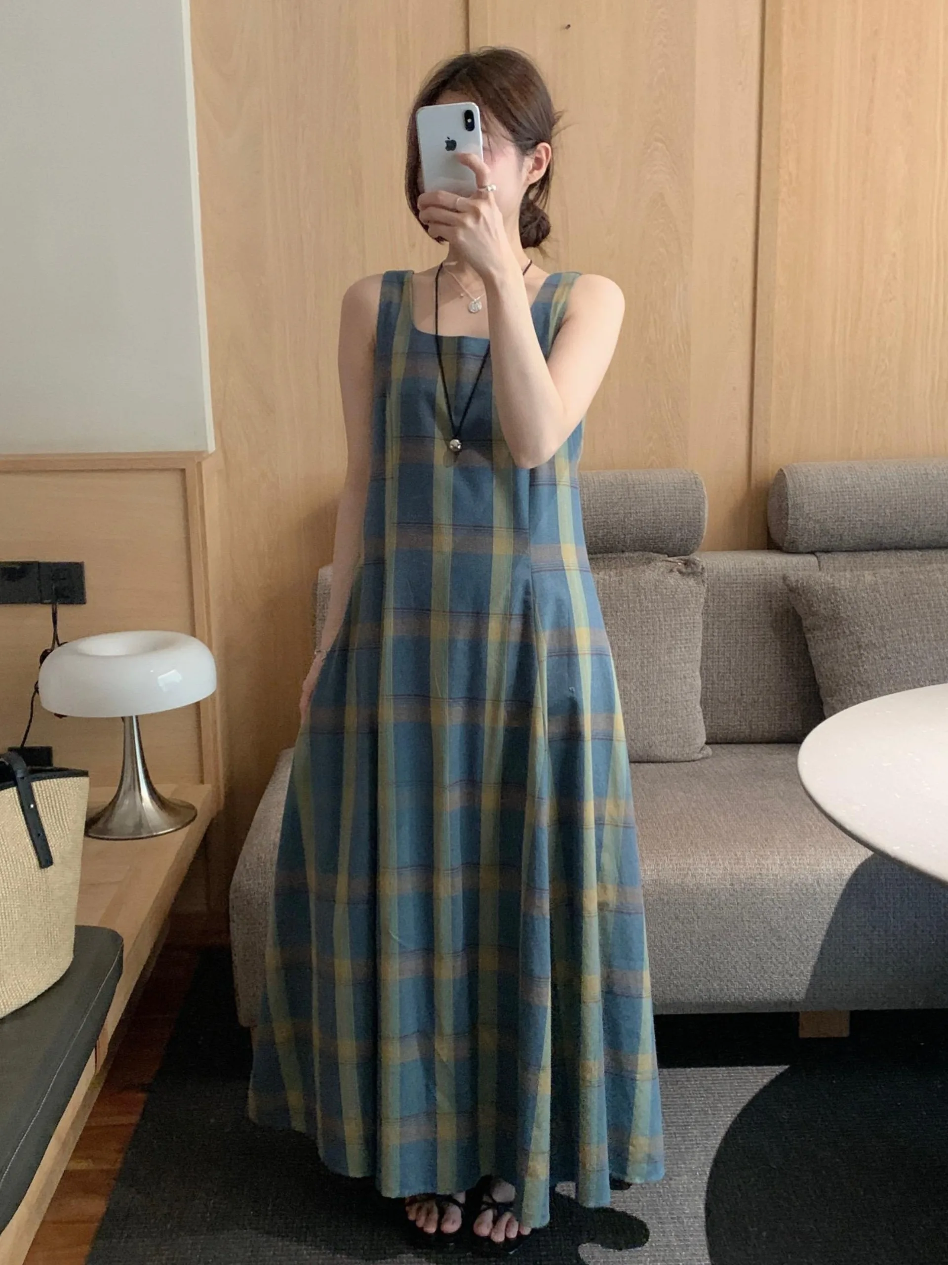 

Retro Square Collar Plaid Dr Women's Summer New Color Blo A-Line Vest Long Dr Korean Sle Commute Casual