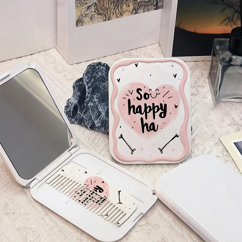 Cartoon Love Pattern Flip-Top Folding Makeup Mirror Portable Pocket Mirror Rectangle Cosmetic Mirror With Comb For Women Girl