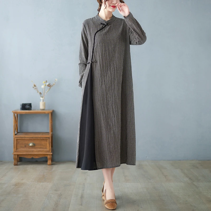 NYFS-فساتين طويلة من القطن والكتان منقوشة بقطع قماش فضفاضة للنساء ، رداء Elbise ، جديد ، خريف ، 2023