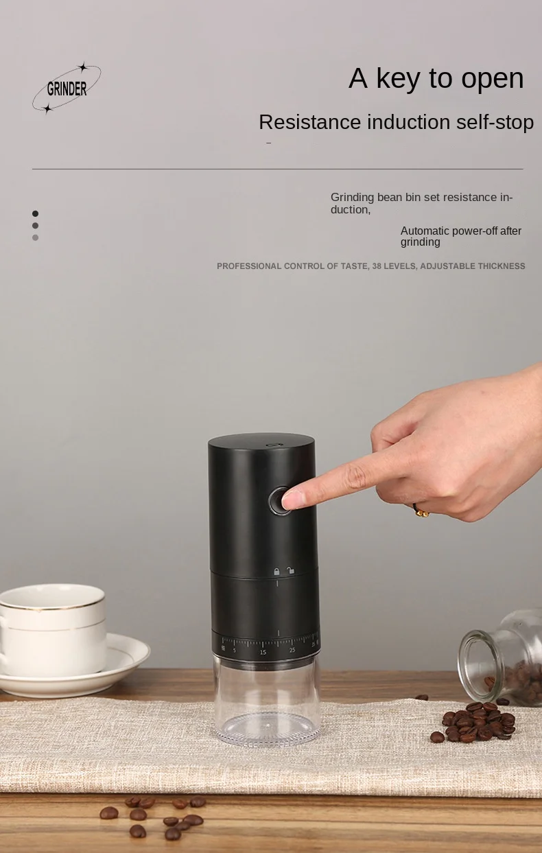 2024 Neue tragbare elektrische Kaffeemühle, 38 Gänge, Einstellung, Keramikfilter, lange Akkulaufzeit, Ein-Knopf-Start, Bohnenmühle – Detail 6