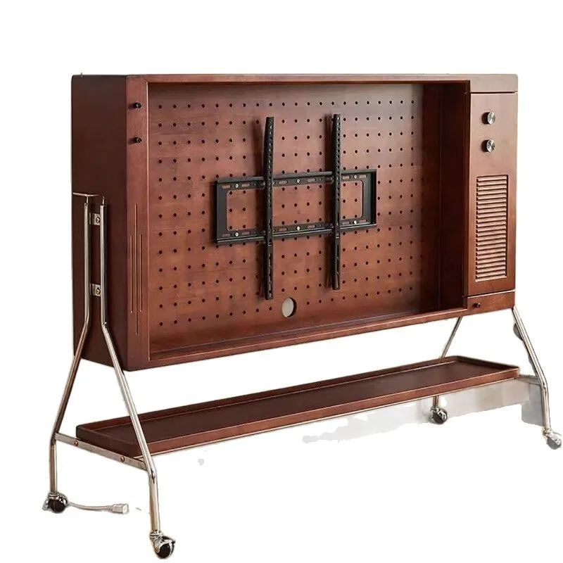 Vintage solid wood movable TV cabinet, stand storage, with wheel brakes