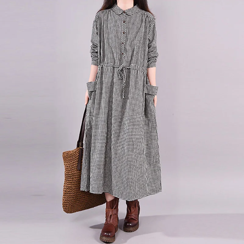 Classic Plaid Dress Polo Collar Long-sleeved Cotton and Linen Dress Autumn Belt A Line Retro Mid-length Dress Vestidos Women\'s