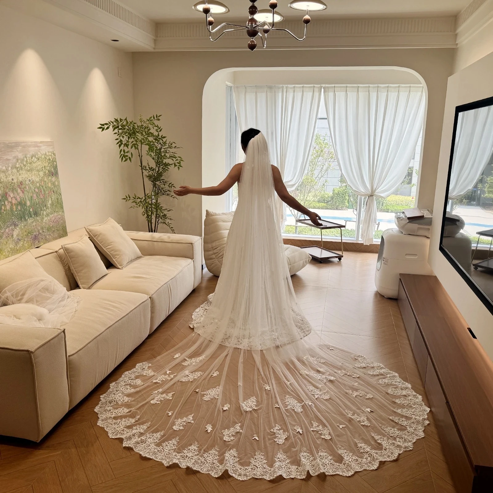 

Superior Quality! Lace Bridal Wedding Veil Cathedral Veil With Flowers French Lace Wedding Veil Customizable