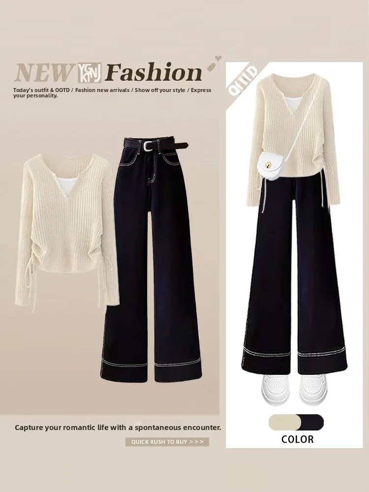 Korean Sle Women's Faion Set Autumn Edition Fake Two-Piece Knitted Top with Jeans Casual Straight Leg Fit Ensemble