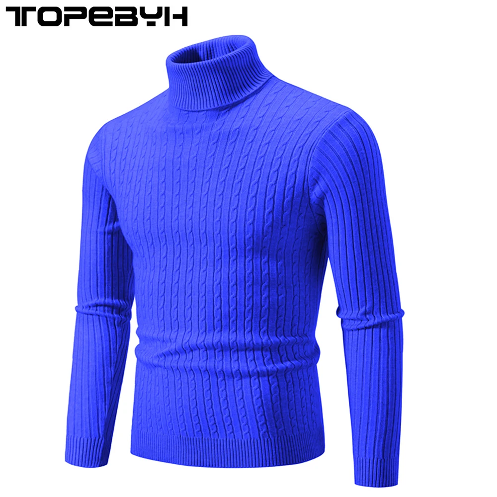 Men\'s Autumn and Winter High Neck Knit Sweater Slim Fit Long Sleeve Warm Solid Color Trend Sweaters