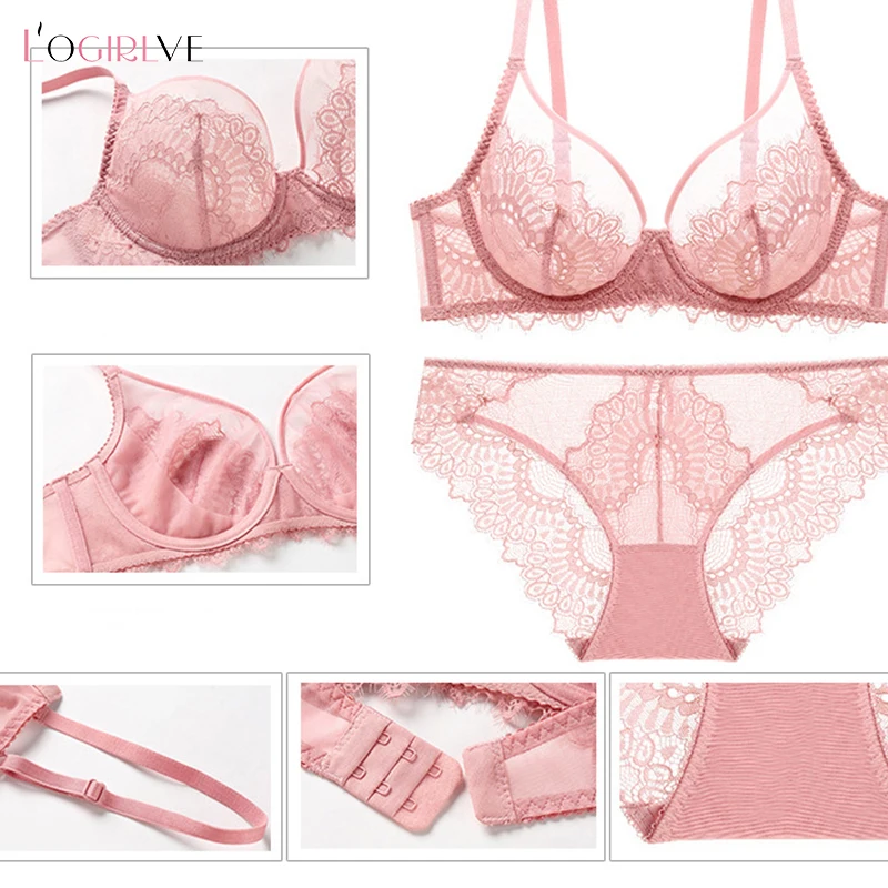 Logirlve Sexy Brassiere Transparent Ultrathin Bra Panty Set Push up Embroidery Underwear Set Plus Size Bras Women Lace Lingerie