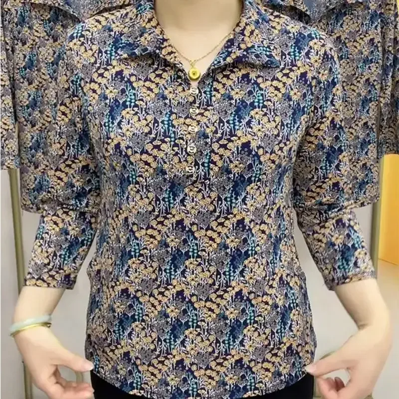Vintage Women Summer 3/4 Sleeve Floral T-Shirt Versatile Fashion Age Reducing Casual Female Clothing New Casual Loose Tops