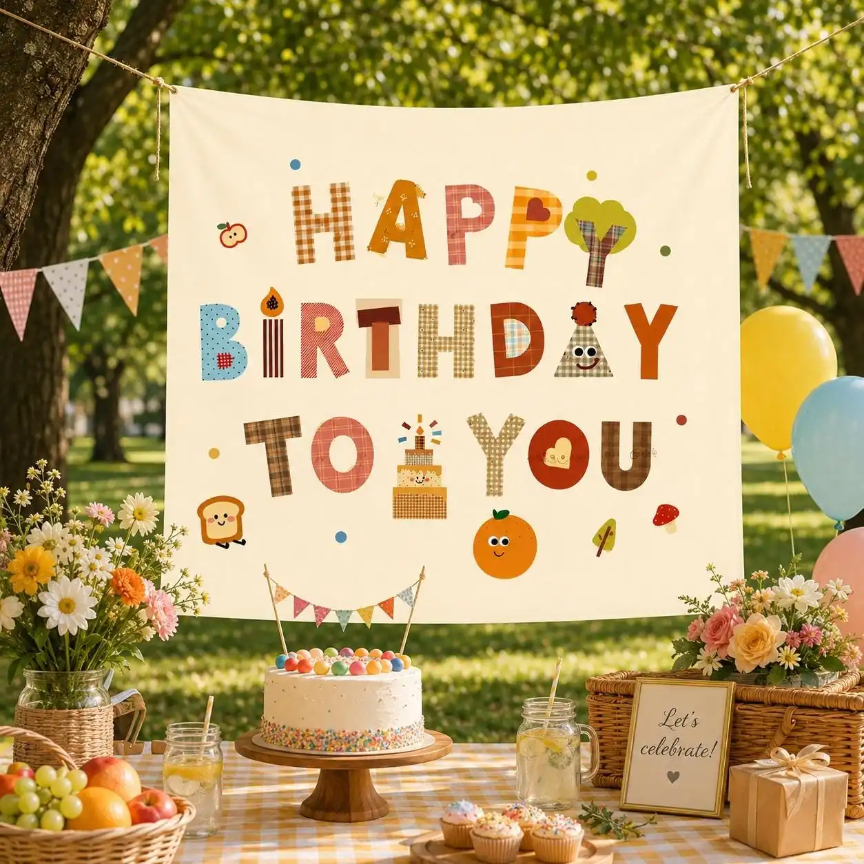 Happy Birthday To You Tapestry Backdrop, Cute Patchwork Letter Cartoon Fruit Cake Print Wall Hanging, Kids Birthday Party Photo